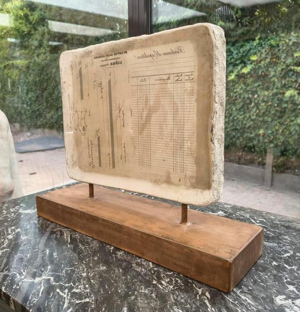 120 JAAR OUDE ANTIEKE DRUKSTEEN LITHOSTEEN OP STALEN SOKKEL, Ophalen