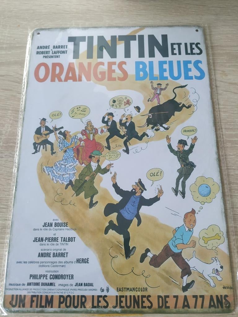 Tintin kuifje Hergé plaque métallique oranges bleues, Enlèvement ou Envoi, Tintin, Comme neuf, Autres types