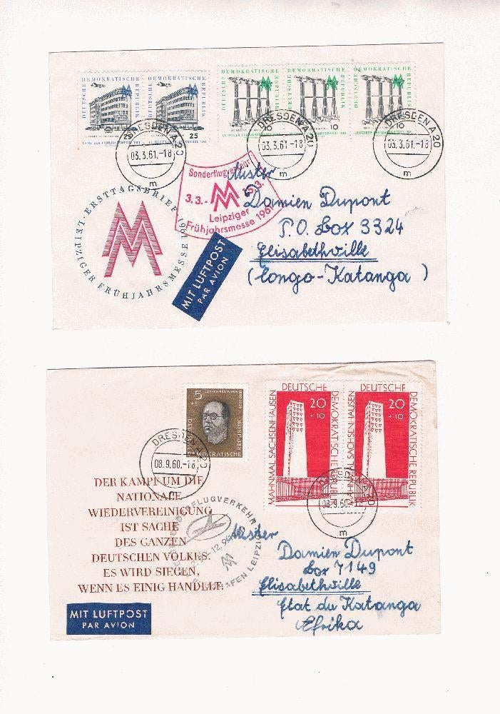 DDR : 2 lettres au Katanga avec des oblitérations specialles, Enlèvement ou Envoi, RDA, Affranchi