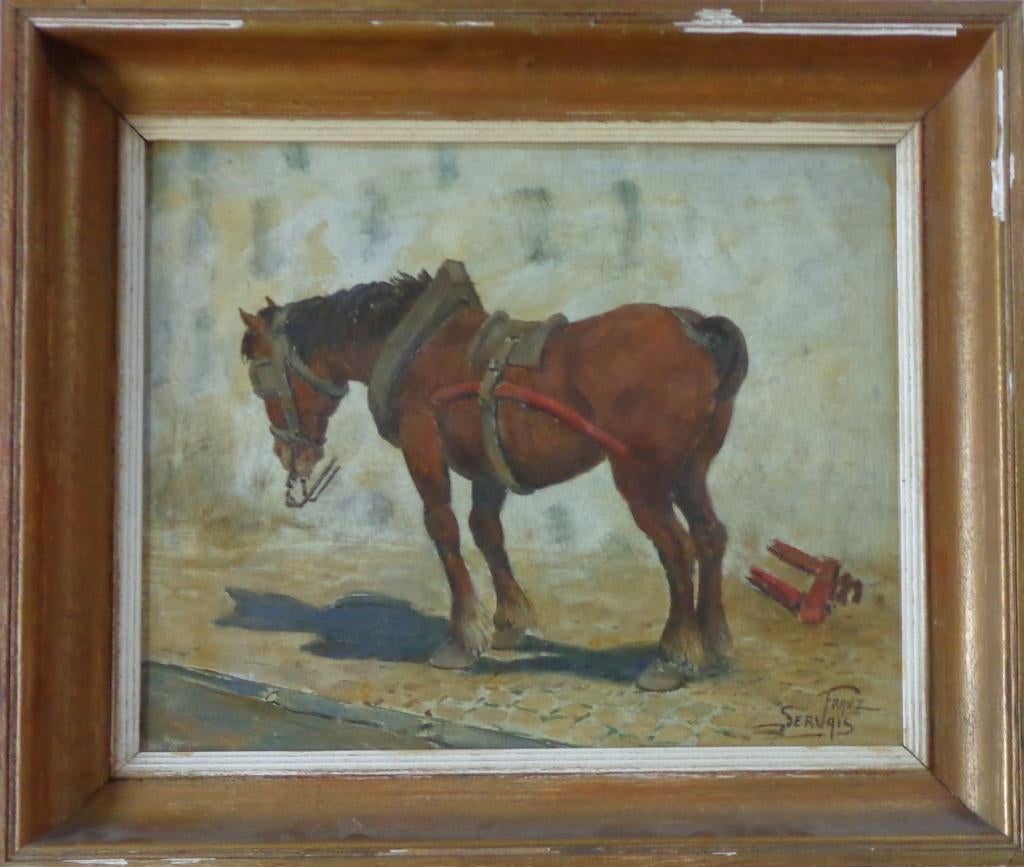 FRANZ SERVAIS / WERKPAARD / OLIEVERF PANEEL / 59x59cm KADER, Enlèvement ou Envoi, Signé, Peinture à l'huile, Panneau