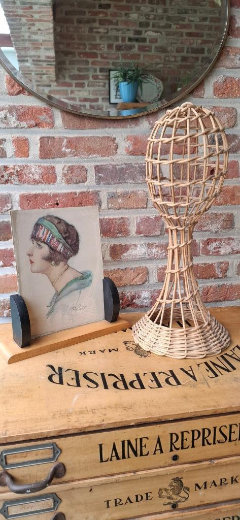 Vintage rieten hoofd - retro rotan hoedenstandaard, Ophalen of Verzenden