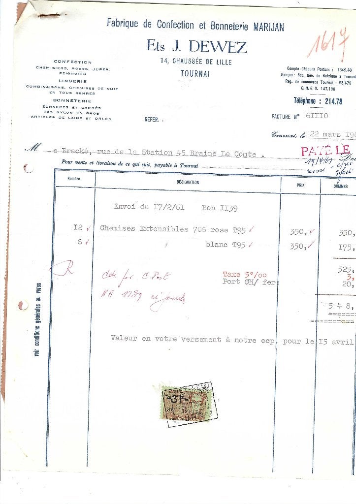 Ancienne facture 1961, Verzamelen, Overige Verzamelen, Verzenden, Gebruikt