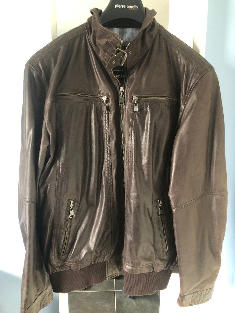 Lederen jas, Maat 52/54 (L), Bruin, Pierre Cardin, Ophalen of Verzenden