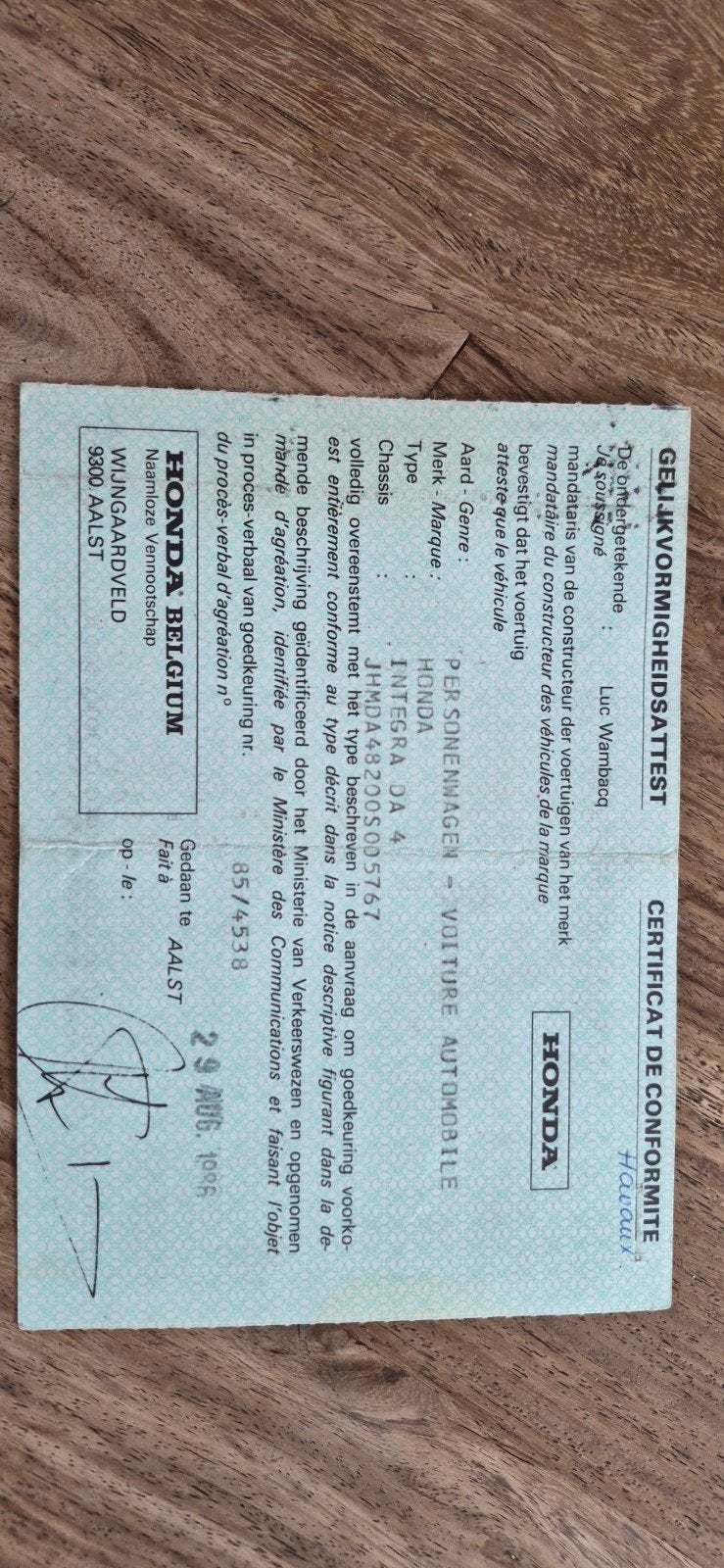 certificat de conformité honda interga, Envoi