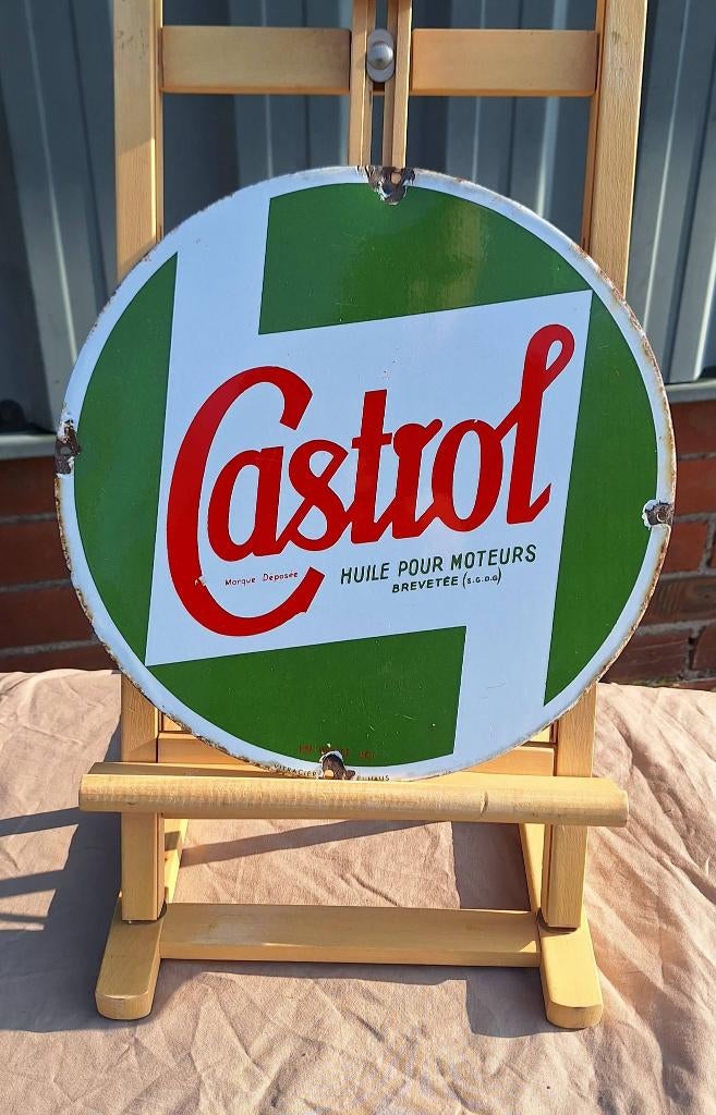Origineel oud emaille reclamebord van het merk Castrol., Verzamelen, Ophalen of Verzenden, Gebruikt, Reclamebord