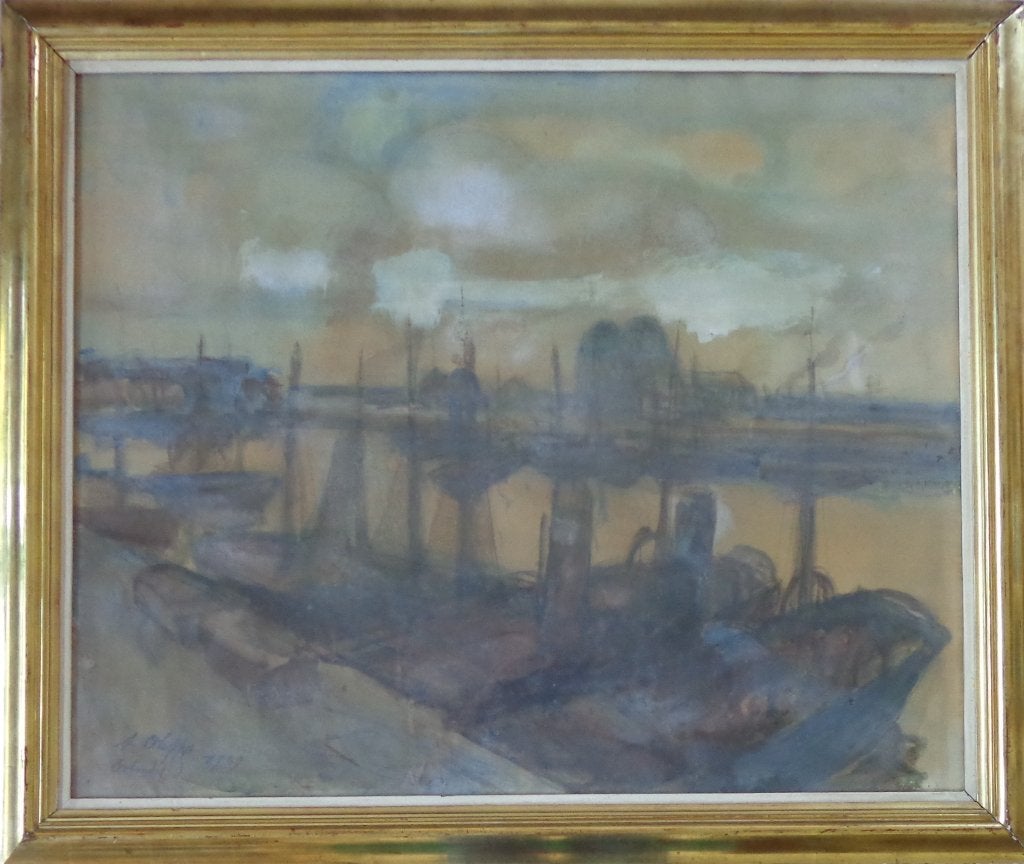 AUGUSTE OLEFFE / HAVEN OOSTENDE / ORIGINEEL WERK / 87x103cm, Antiquités & Art, Aquarelle, Expressionniste, Papier, Maritime / eau