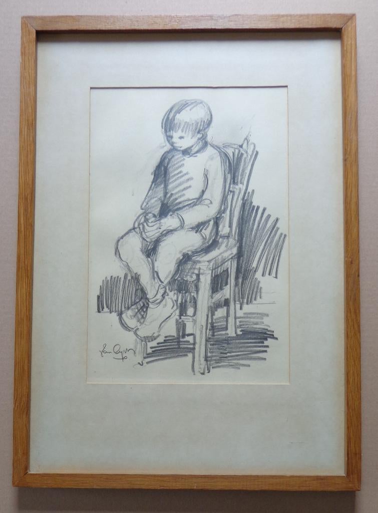 FREDDY VAN DYCK / ZITTENDE KNAAP / ORIGINEEL / 52x37cm KADER, Antiek en Kunst, Ophalen of Verzenden