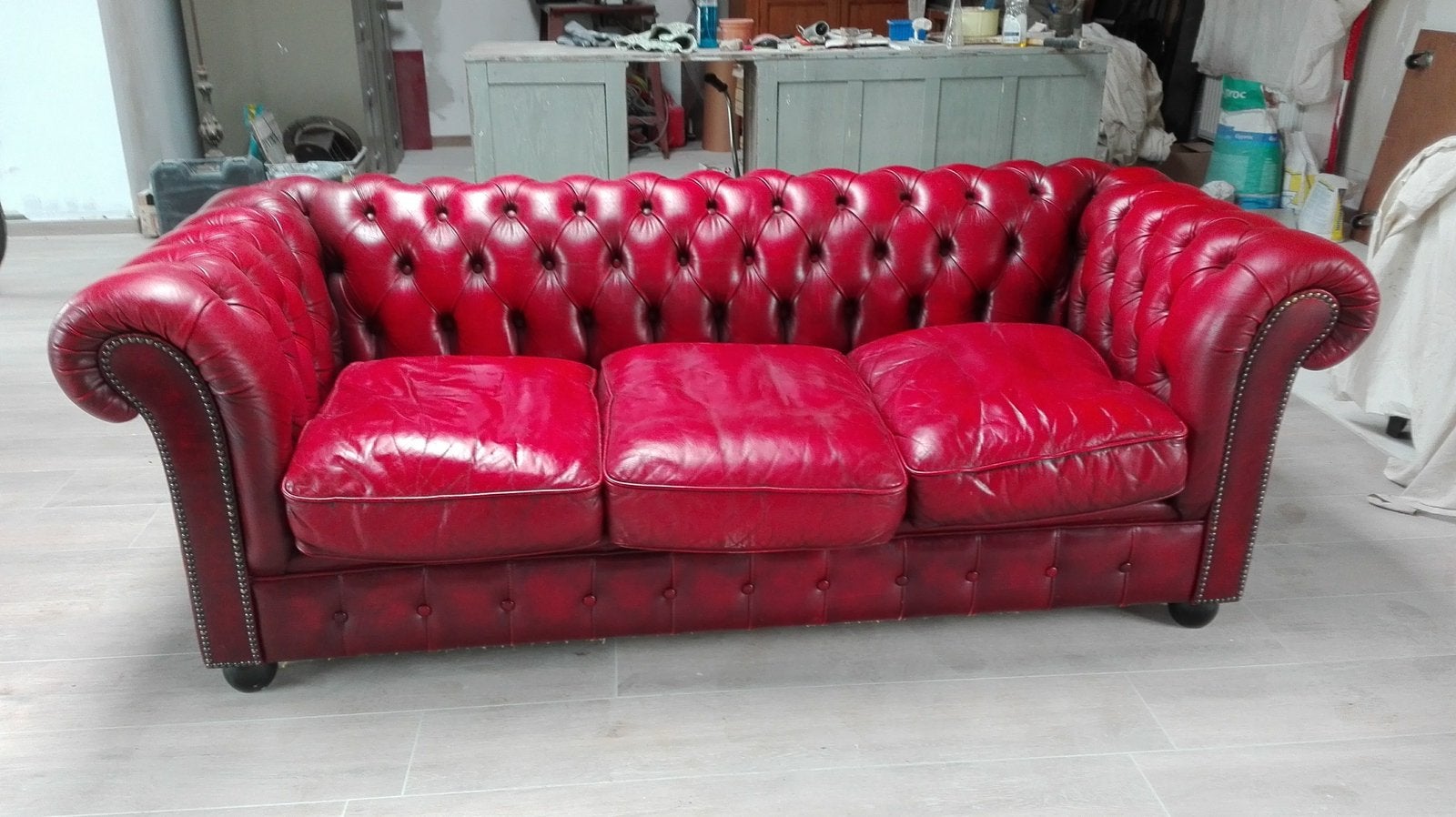 Driezit Chesterfield, Ophalen, Gebruikt, Driepersoons, Leer