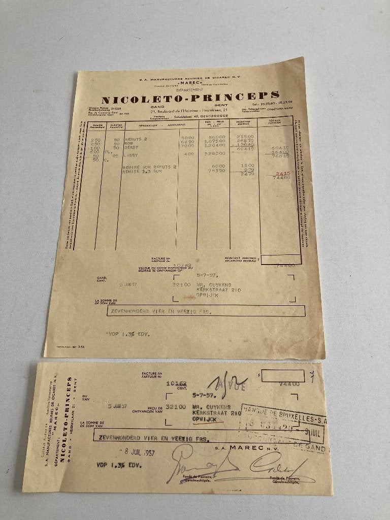 Tabak : Oud factuur Nicoleto-Princeps Gent (MAREC) 1957, Ophalen of Verzenden, Gebruikt, Overige typen