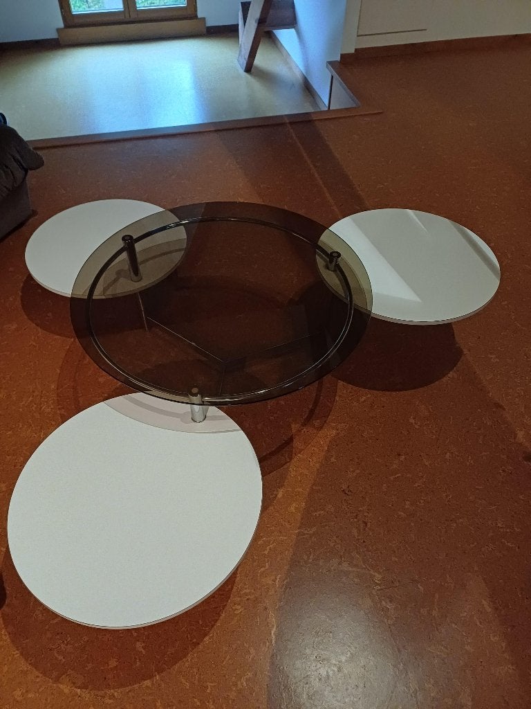 Vintage "Space Age" uitschuifbare salontafel, jaren '70, Huis en Inrichting, Ophalen, Gebruikt, Rond, Glas