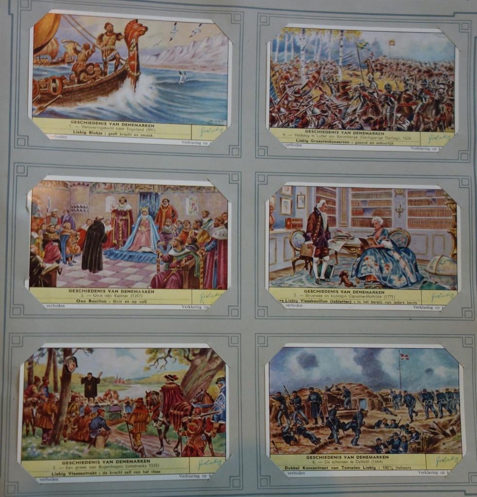 Set Liebig Prenten Geschiedenis van Denemarken (1958)., Verzamelen, Zo goed als nieuw, 1940 tot 1960, Prent, Buitenland