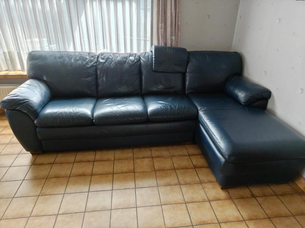 Donkerblauwe Lederen Hoekzetel/Chaise Longue, Ophalen, Leer