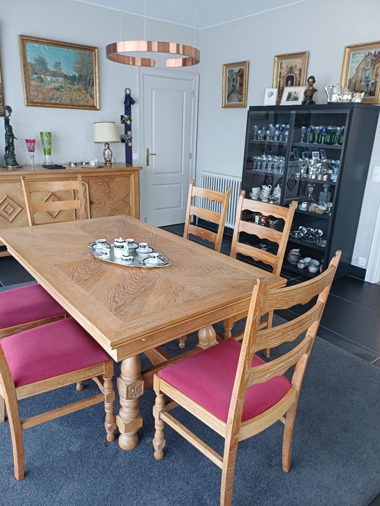 Grote uitschuifbare eiken tafel + 6 stoelen, Huis en Inrichting, Ophalen, Gebruikt, Eikenhout, 50 tot 100 cm