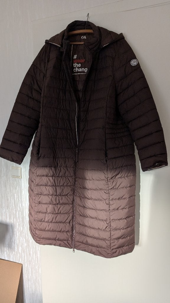 Lange bruine regenjas met kap Dames XL, Ophalen, Bruin, Maat 46/48 (XL) of groter, Zo goed als nieuw