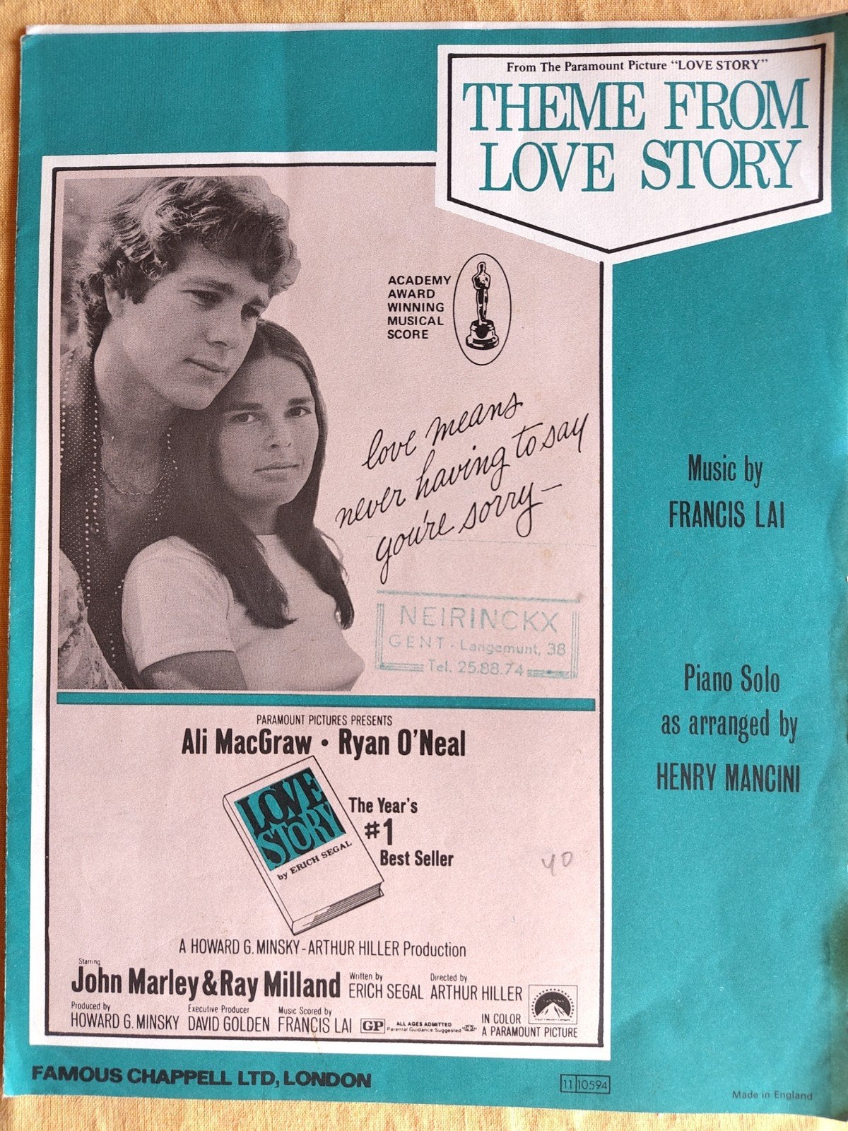 Theme from Love Story (Francis Lai - Henry Mancini), Musique & Instruments, Enlèvement ou Envoi, Piano