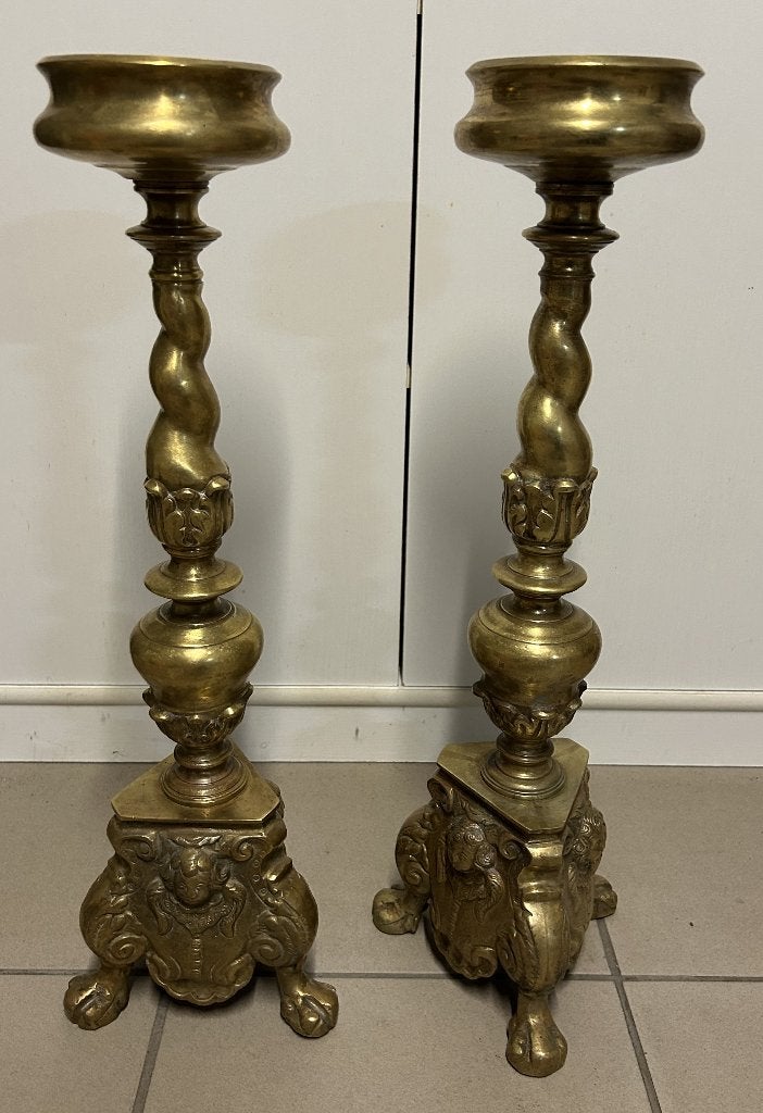 2 Vintage Geel Koperen Kandelaars - 55cm, Antiek en Kunst, Ophalen of Verzenden, Koper of Brons