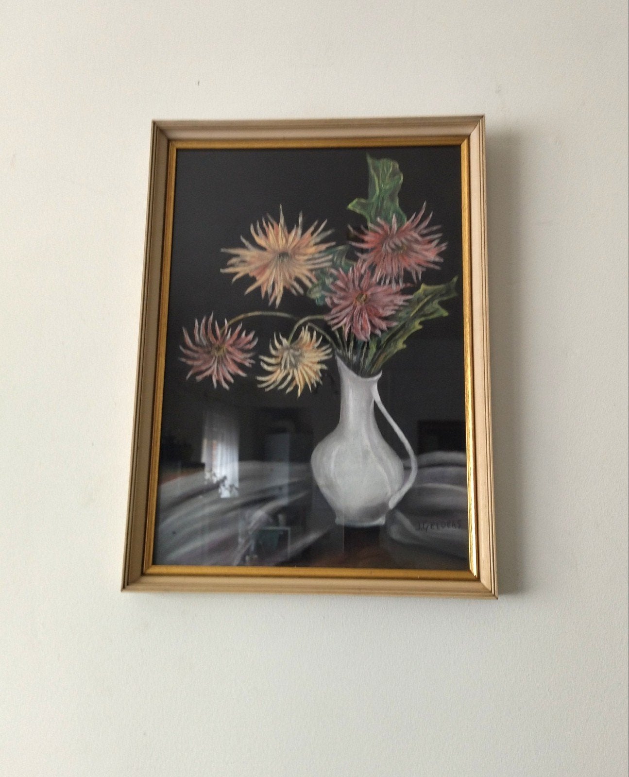 Tableau ancien pastel fleurs J Gelders cadre doré vintage, Enlèvement ou Envoi, Dessin