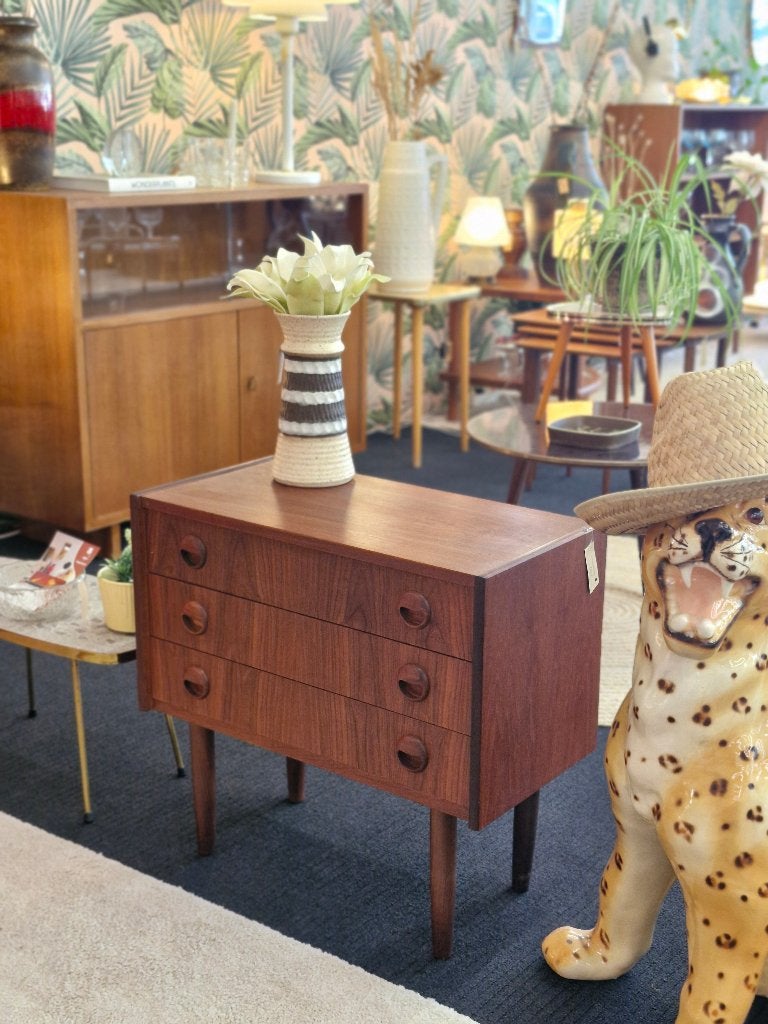 Vintage ladekastje teakhout Deens ronde greepjes, Huis en Inrichting, Ophalen, Gebruikt