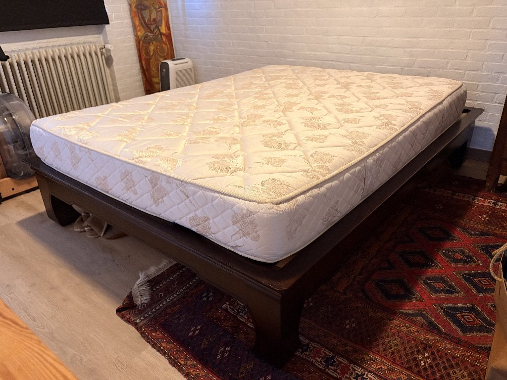 Bed Balinese stijl in mangohout met bultex schuimmatras, Ophalen, Gebruikt, Bruin, Tweepersoons