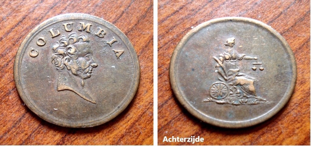 Bronzen Columbia Farthing 1820-1830, Postzegels en Munten, Penningen en Medailles, Verzenden, Brons