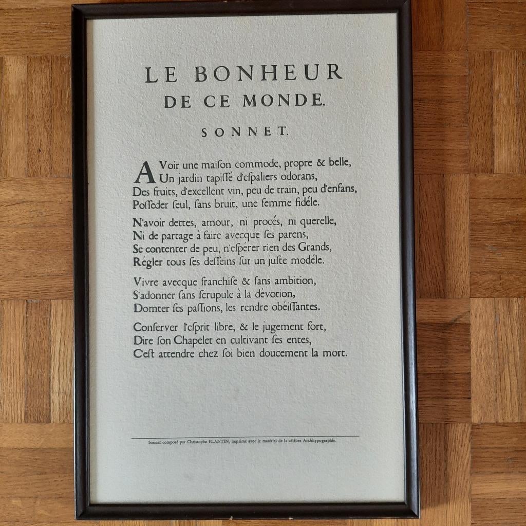 Sonnet ingekaderd "Le bonheur de ce monde" - C. Plantin, Antiek en Kunst, Ophalen