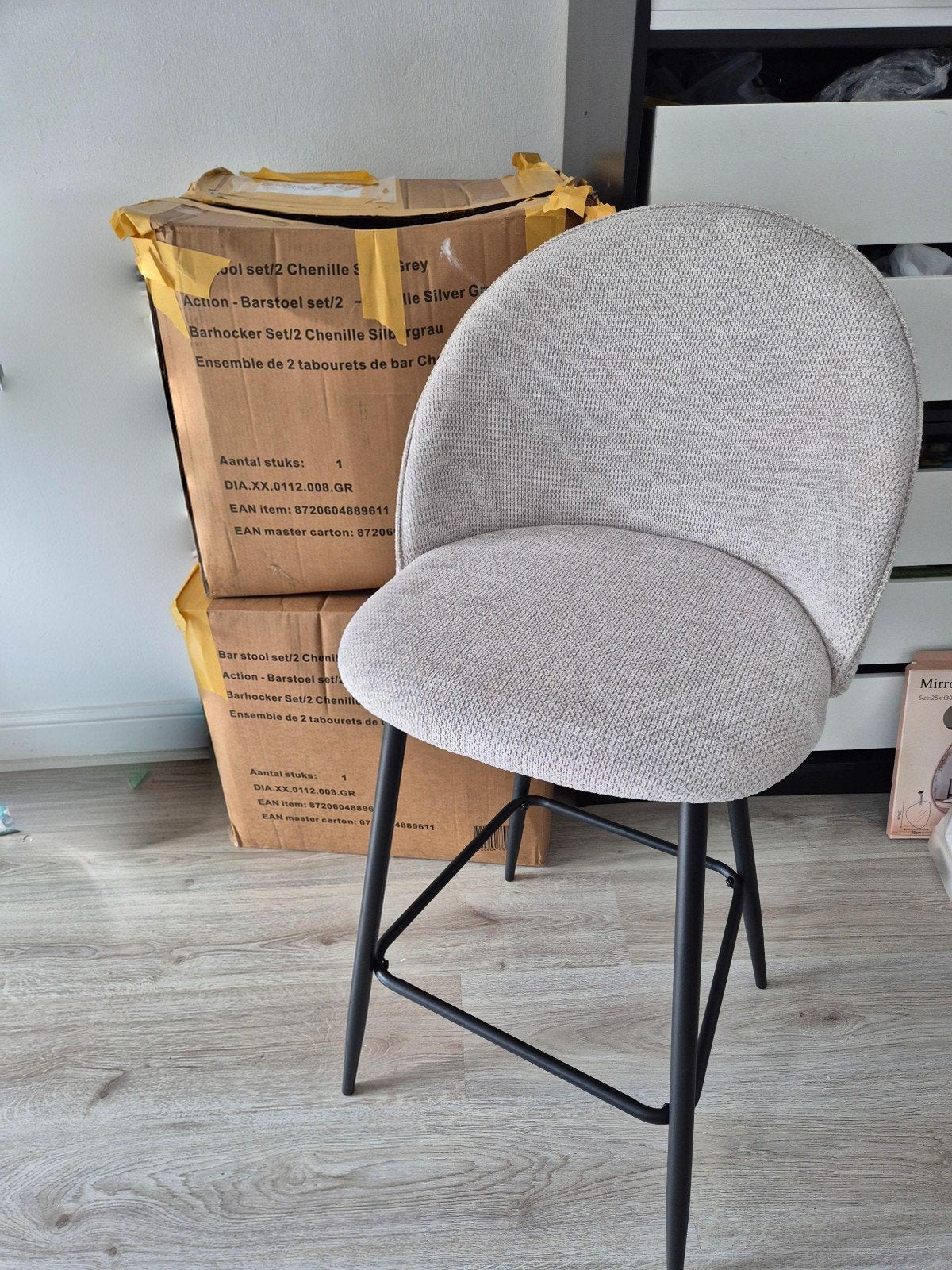 4x barkruk chenille grijs, Huis en Inrichting, 4 krukken, Ophalen, Nieuw, 60 tot 90 cm