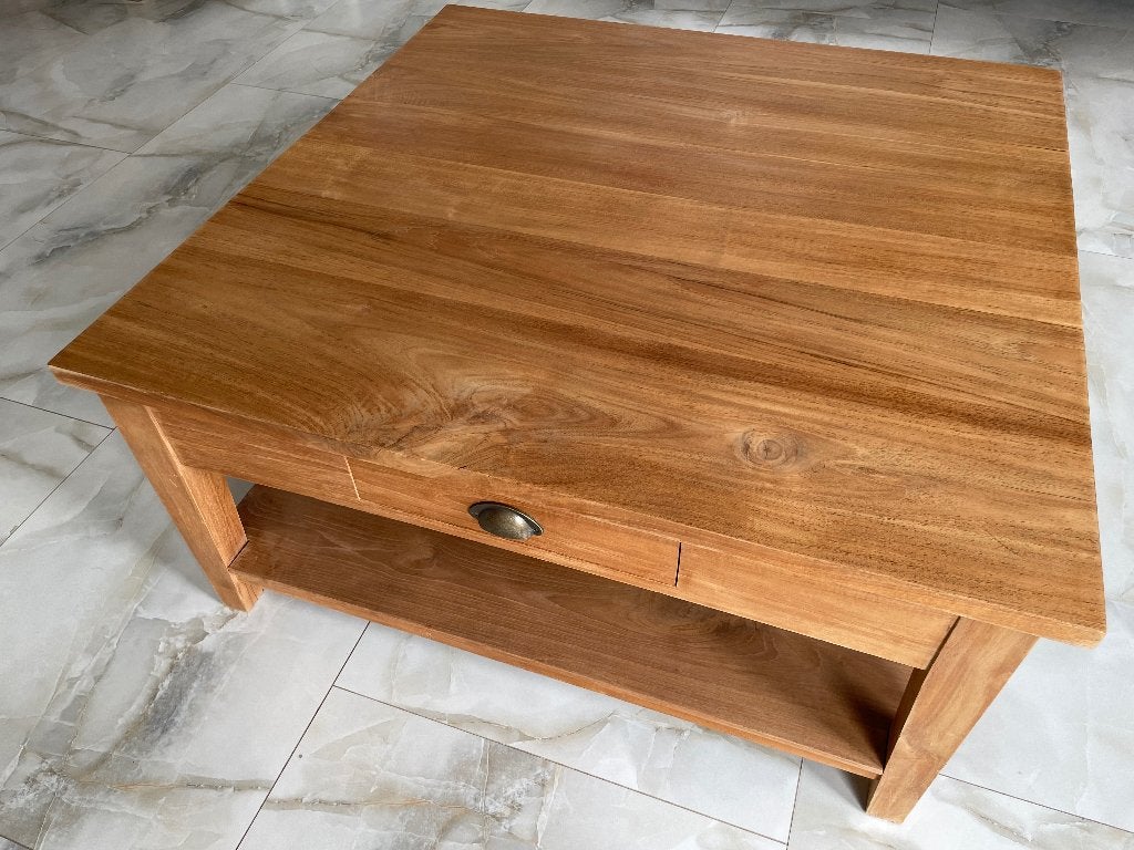 Teak salontafel 1m, Ophalen, Zo goed als nieuw, Vierkant, Teakhout