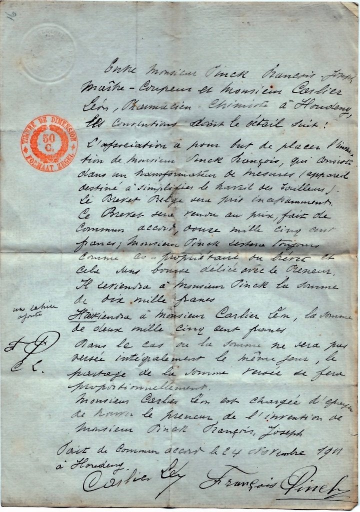 Houdeng 1911, Contrat Original Brevet d'Invention Tailleur., Divers, Divers Autre, Envoi