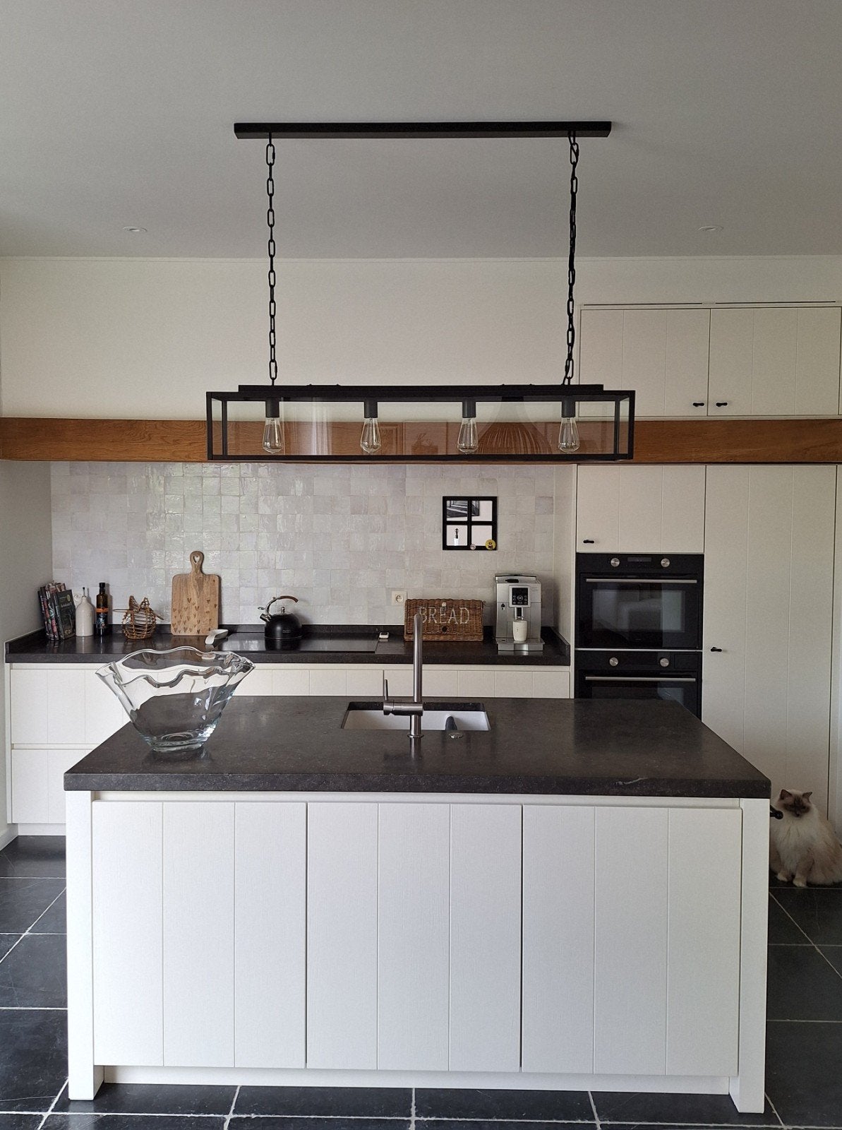 Hanglamp uit zwart metaal en glas, Ophalen, Glas
