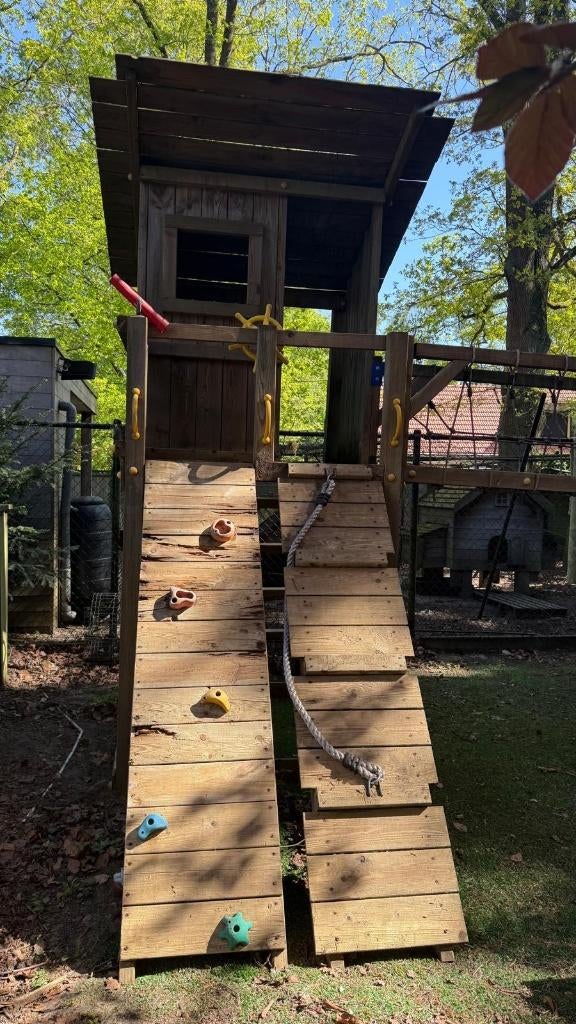 Groot speeltoestel hout met glijbaan en klimwand, Ophalen, Gebruikt, Schommel