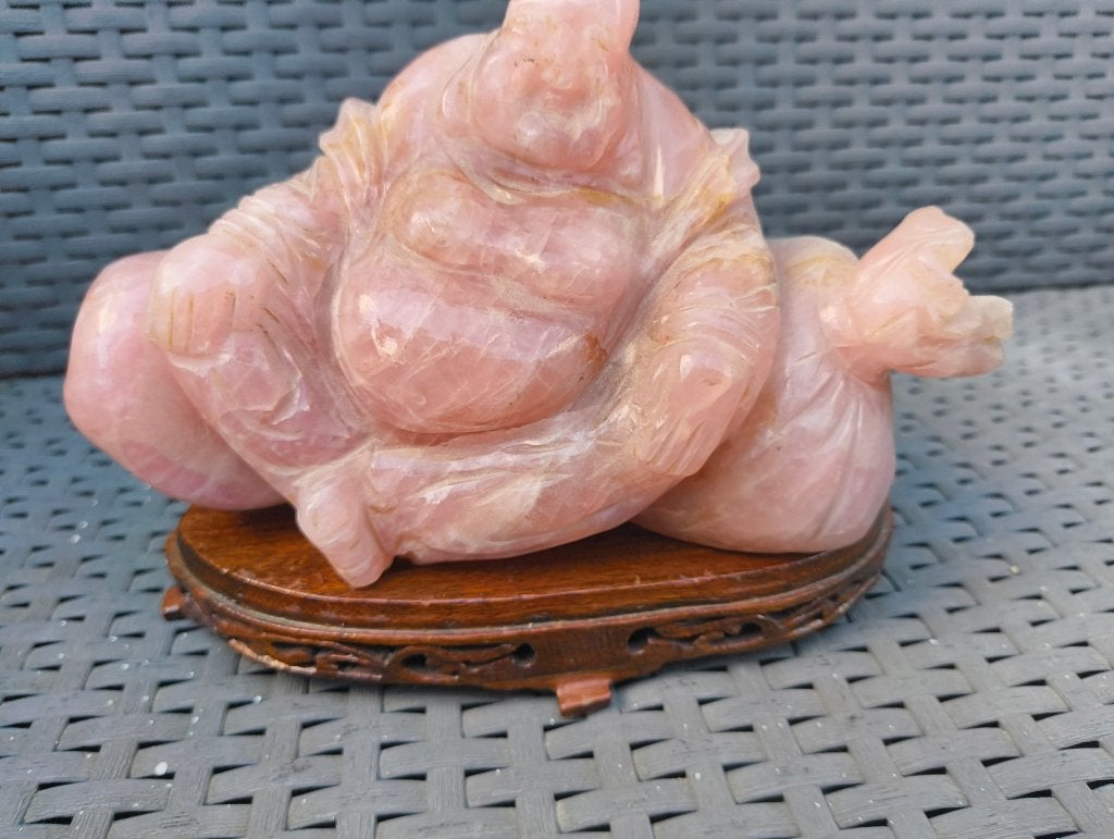 Prachtig Zware Handgesneden Rozenkwarts Lachende Boeddha, Huis en Inrichting, Ophalen, Gebruikt, 16 cm, Roze