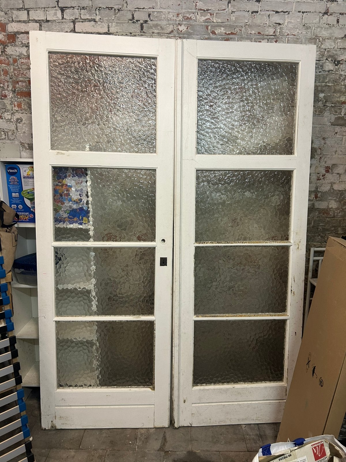 Oude dubbele glazen deur – gehamerd / ondoorzichtig glas, Doe-het-zelf en Bouw, Ophalen, Gebruikt, Glas, Binnendeur