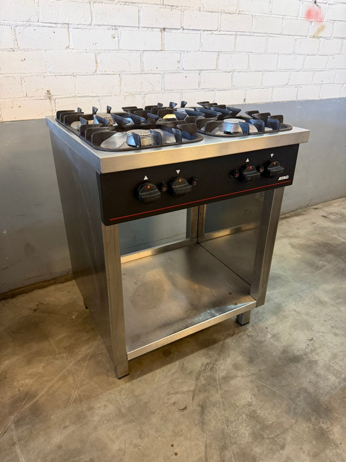 Horeca ATAG RVS Gasfornuis 4 Pitten met Open Onderbouw, Elektronische apparatuur, Fornuizen, Ophalen, 4 kookzones, Zo goed als nieuw