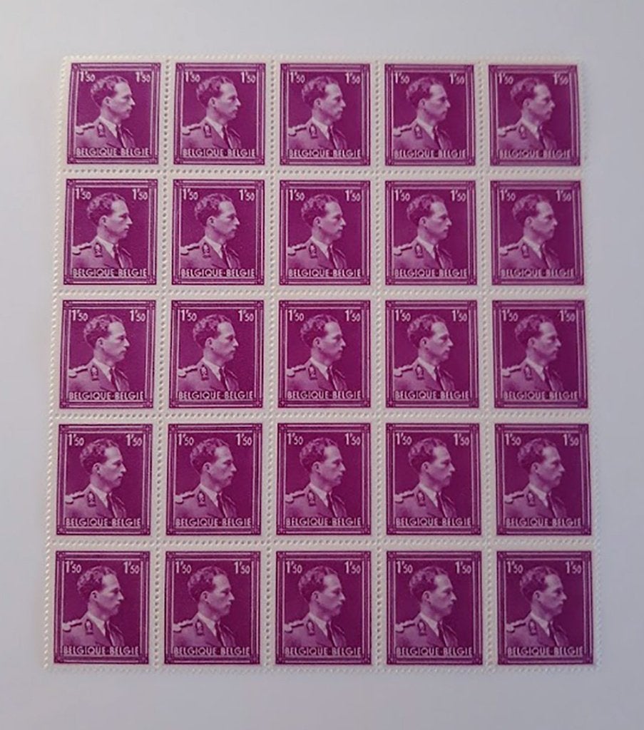 1943 Leopold III blok 25 zegels OPB641 Open Kraag Lila - MNH, Sans timbre, Neuf, Non oblitéré, Timbre-poste