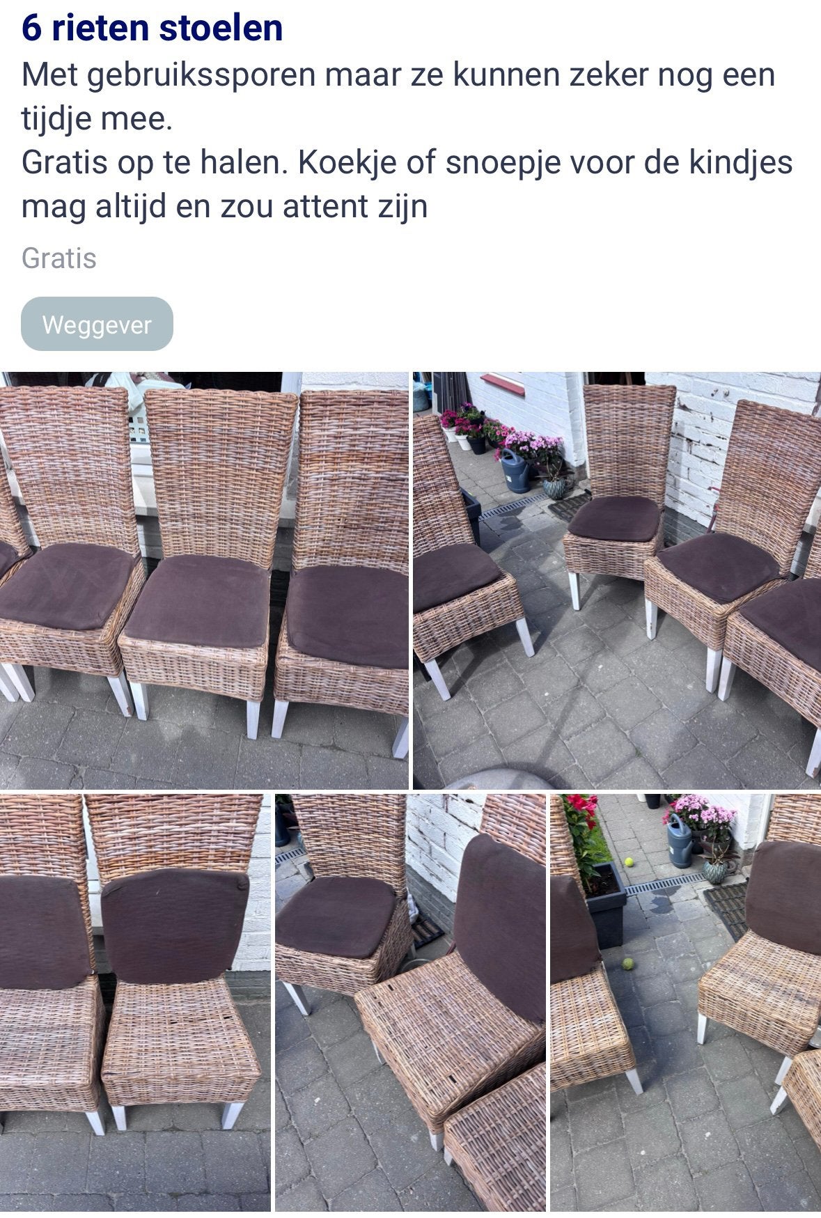 6 rieten stoelen, Huis en Inrichting, Stoelen, Ophalen, Gebruikt