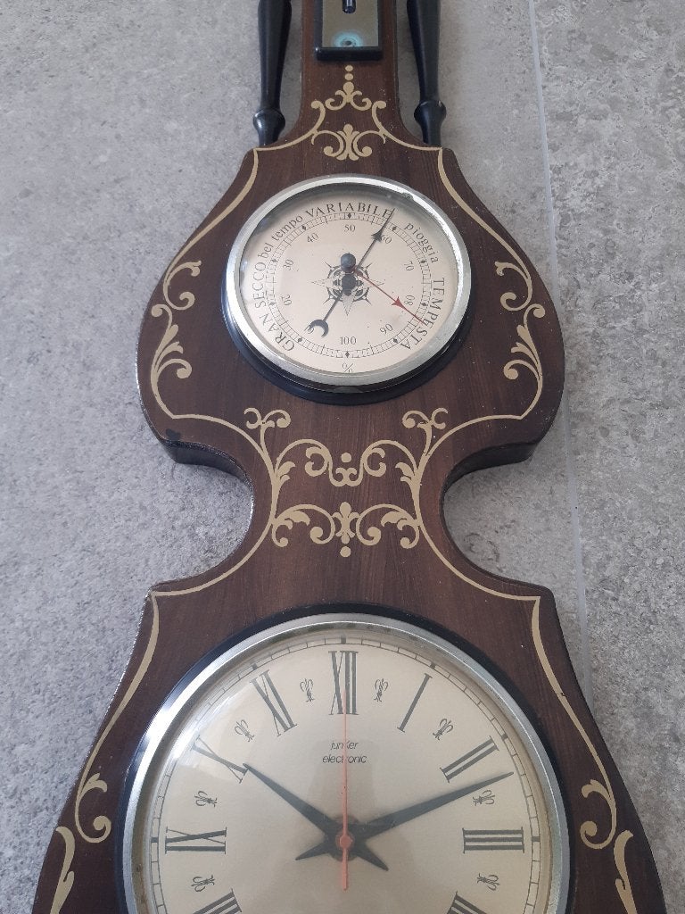 Houten banjo weerstation: klok, barometer, hygrometer..., Huis en Inrichting, Vintage, Ophalen, Gebruikt