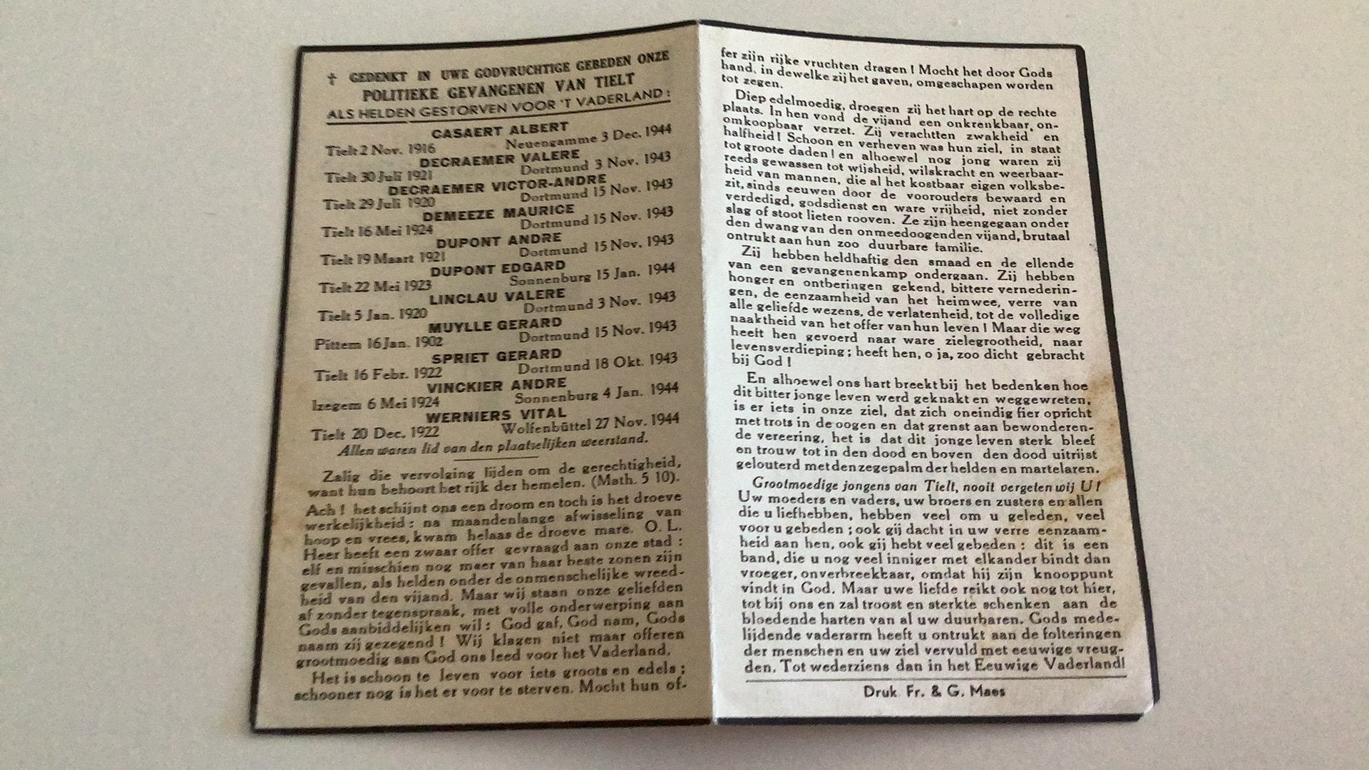 Oorlogsslachtoffers 1940_45 Tielt, Verzamelen, Bidprentjes en Rouwkaarten, Ophalen of Verzenden