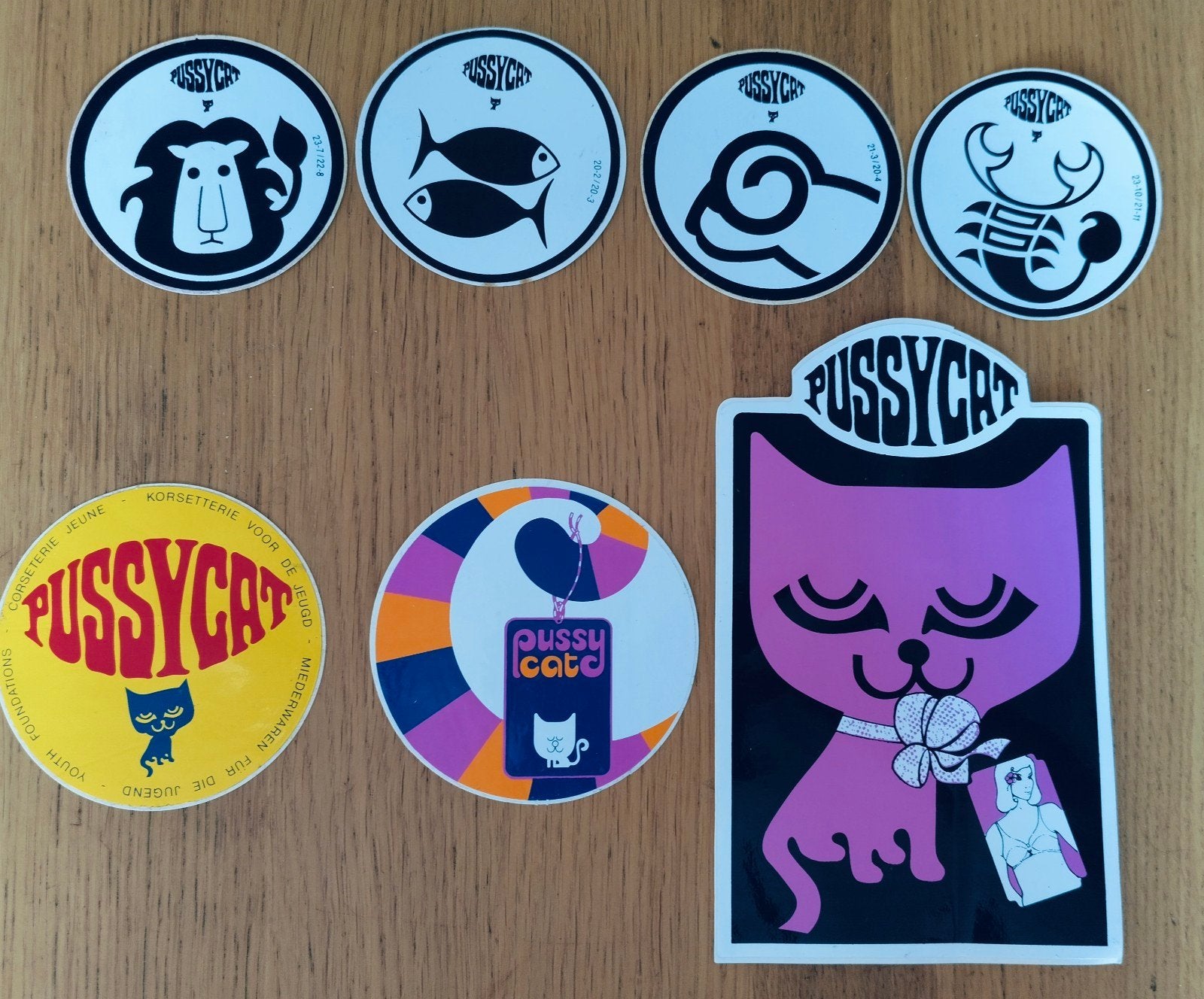 7 vintage stickers Pussycat, Verzamelen, Ophalen of Verzenden