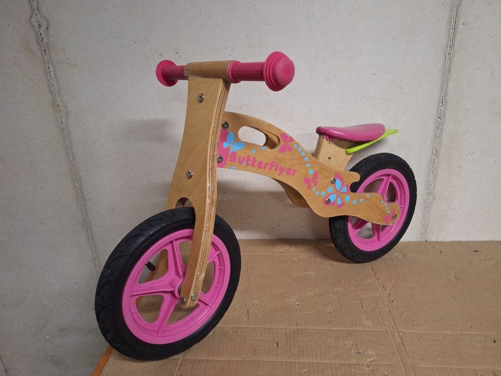 Houten roze loopfiets Butterflyer met vlinders, Ophalen of Verzenden, Gebruikt, Loopfiets