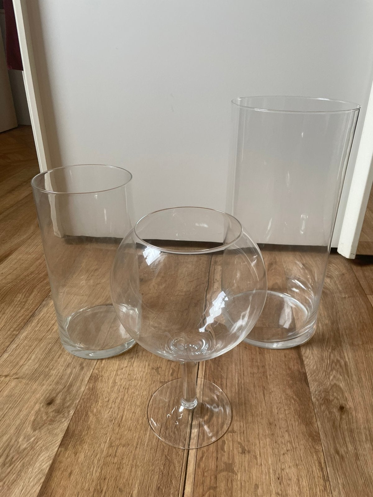 Set van 9 grote glazen vazen + opbergbox, Ophalen, Zo goed als nieuw, Op voet