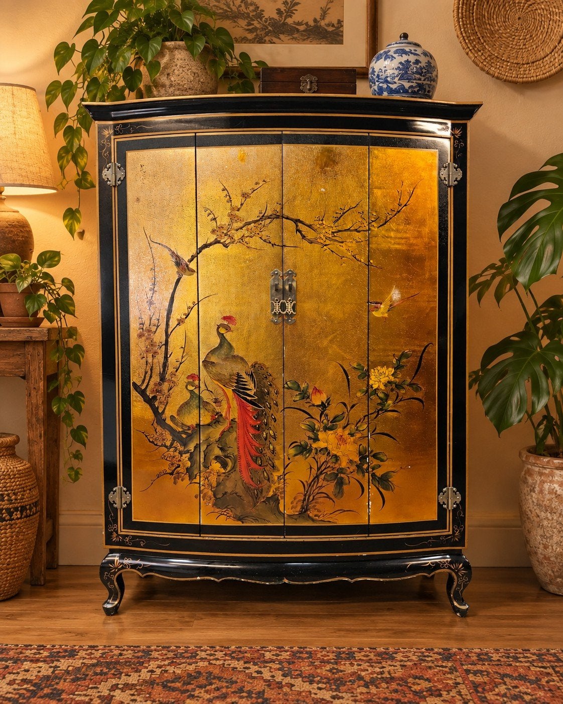 Vintage Chinese kast bladgoud bloemen en pauw/ bohemian, Ophalen of Verzenden