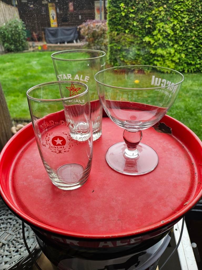Dejonghe Erix oude bierglazen en emaille plateau, Verzamelen, Ophalen