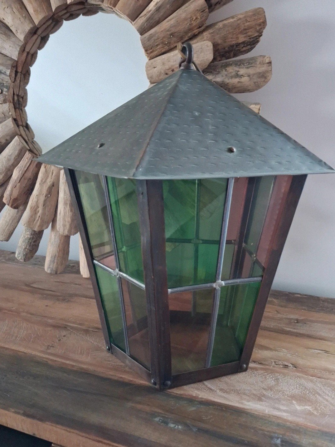Lanterne vintage en cuivre & vitraux colorés, Enlèvement, Cuivre