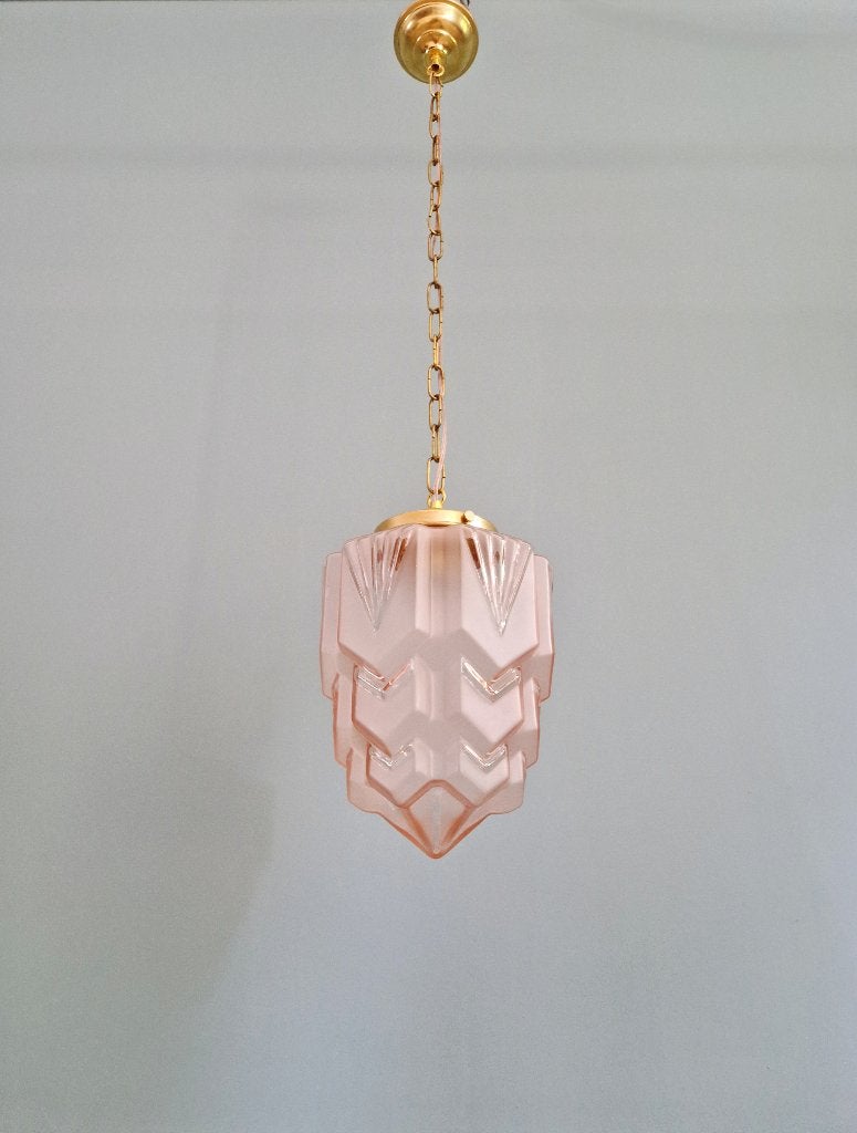 Skyscraper Art Deco hanglamp in roze matglas, 1920-30, Ophalen of Verzenden