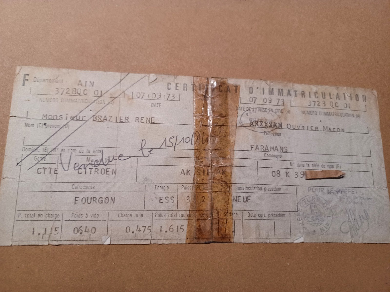 Carte grise Citroën 2cv camionette pour collectionneur, Enlèvement ou Envoi