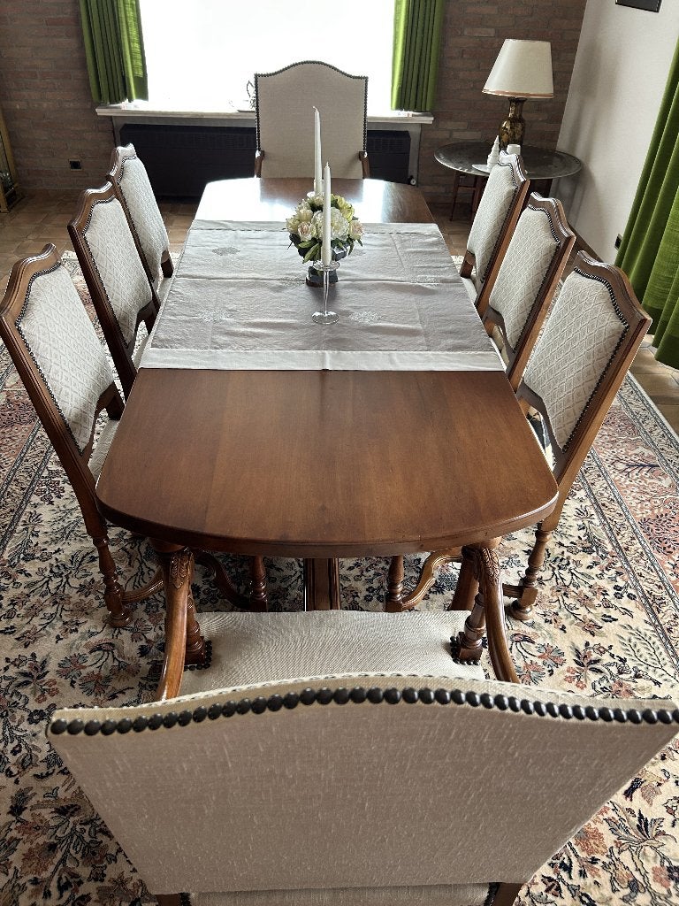 6 stoelen + 2 fauteuils (kersenhout, Louis XIV), Ophalen, Louis XIV, Zo goed als nieuw, Stof