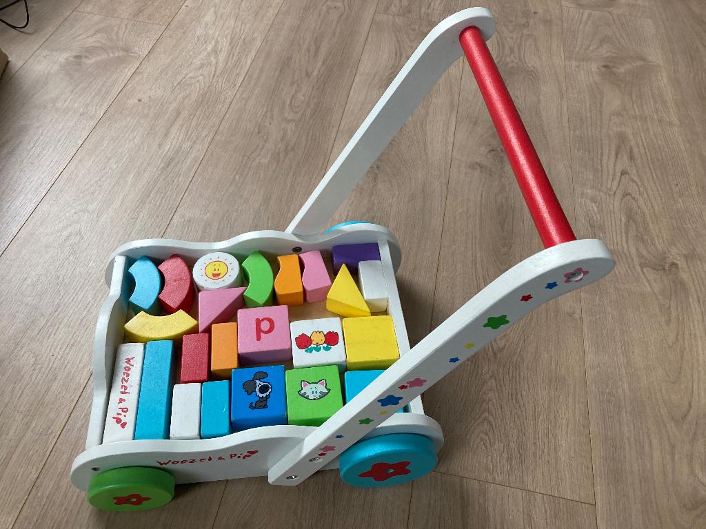 Woezel en Pip Houten blokkenkar, Kinderen en Baby's, Ophalen, Gebruikt, Duw- of Trekspeelgoed