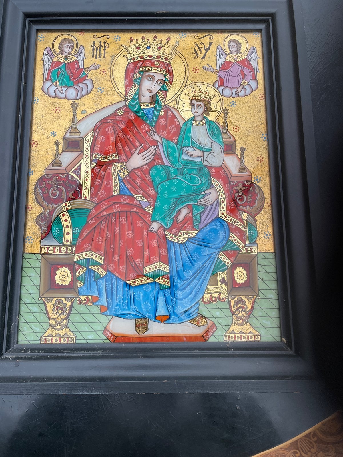 Handgeschilderde Icoon op Glas, Moeder Gods op Troon 1991, Antiek en Kunst, Ophalen