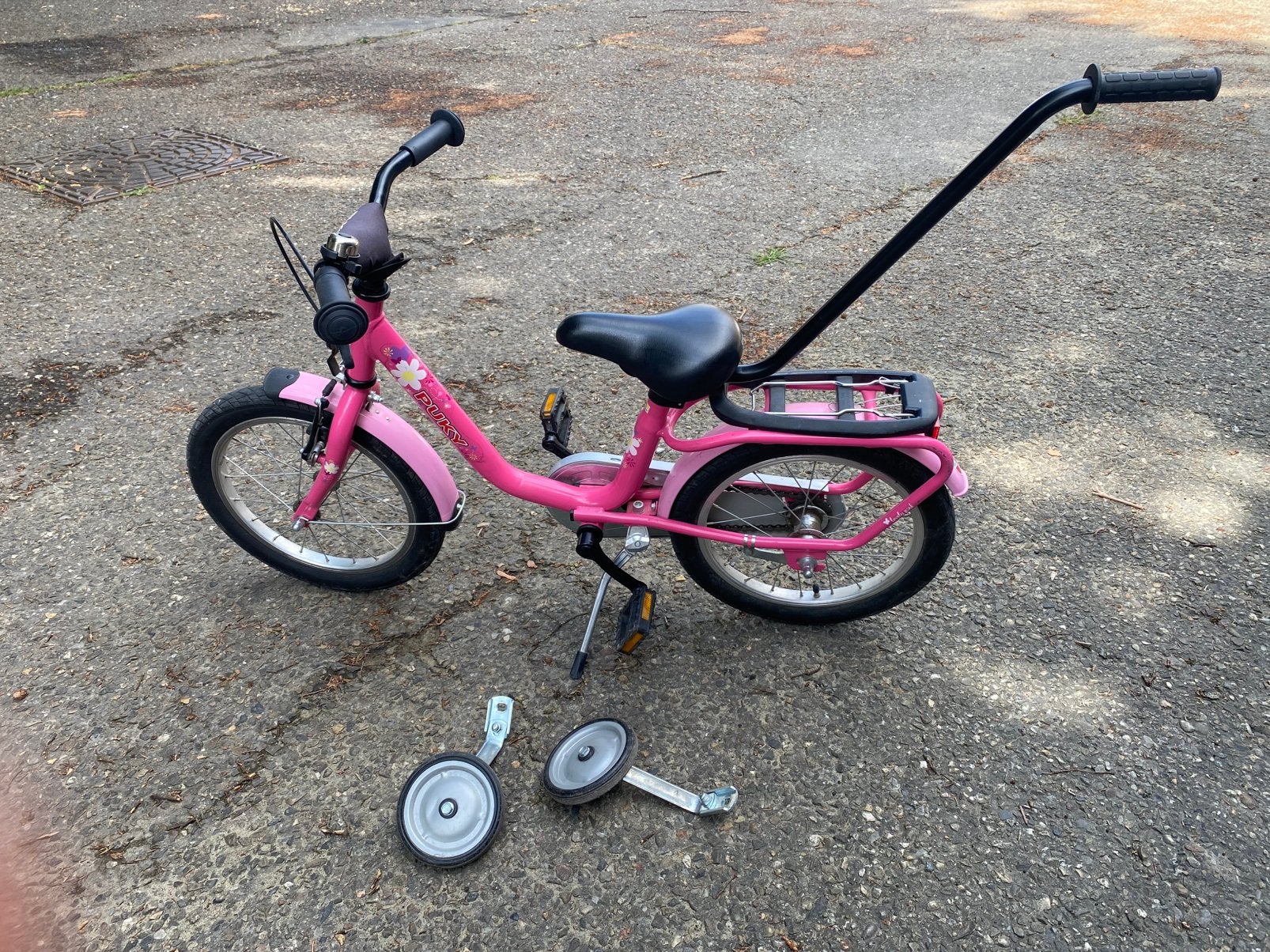 16 inch Puky fiets incl zijwieltjes en hulpstang, Ophalen, Terugtraprem, Zijwieltjes, 16 tot 20 inch