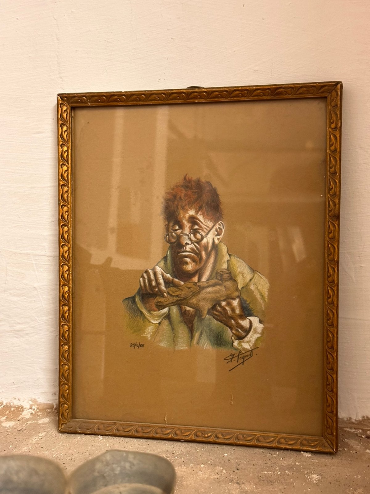 Kader potloottekening, gesigneerd, 1968, Ophalen, Gesigneerd, Tekening, Portret of Personen